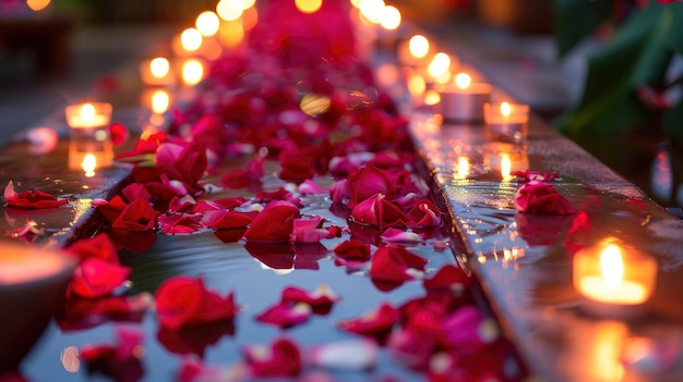 Romántico Oasis Spa o Jacuzzi adornado con pétalos de flores y velas creando una feliz escapada para el Día de San Valentín