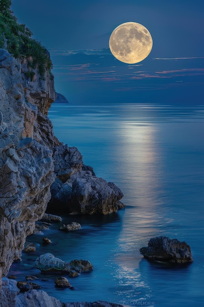 romántico y panorámico con luna llena en el mar por la noche