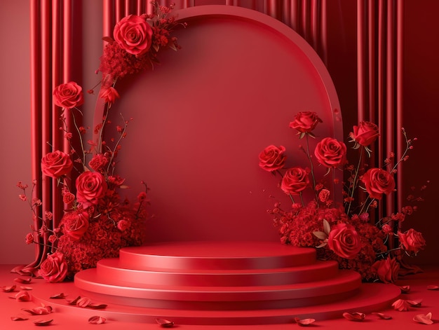 Romántico podio en 3D con pantalla roja y rosas para la exhibición de productos del día de San Valentín