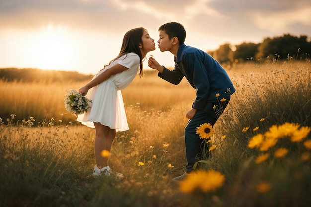 Romantische Beziehung Junge und Mädchen auf dem Feld mit Blumen reine Liebe nähert sich