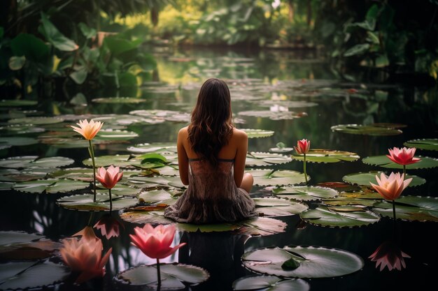 Romantische Frau am ruhigen Teich Generative KI