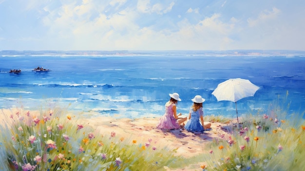 Romantische Frau mit Sonnenschirm am wilden Strand am Meer, blauer Himmel und grünes Meer am Horizont