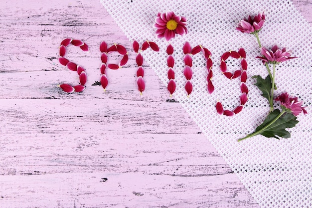 Romantische Frühlingsbuchstaben aus rosafarbenen Blütenblättern auf farbigem Holzhintergrund