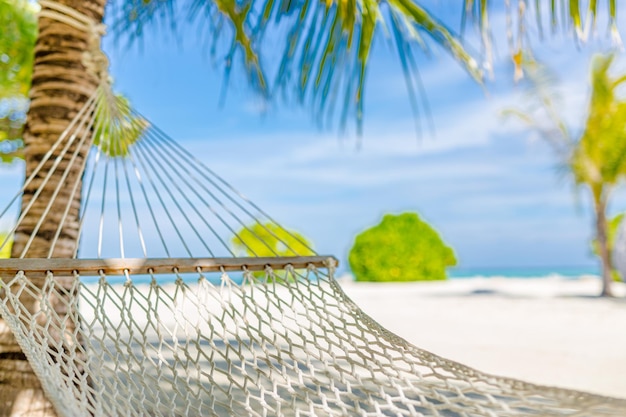Romantische, gemütliche Hängematte im Schatten der Palme am tropischen Strandmeer. Freiheit Freizeit Lifestyle