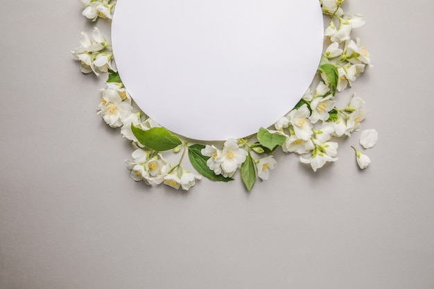 Romantische Glückwunschpostkarte mit angehängten natürlichen frischen Jasminblüten auf grauem Hintergrund, Kopierraum