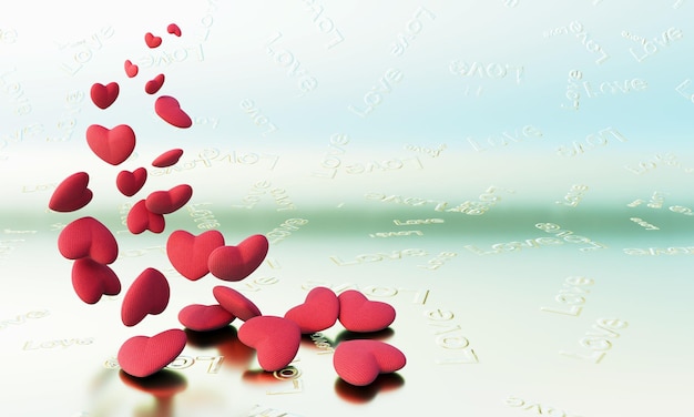 Romantische Komposition mit realistischen 3D-Herzen auf dem Hintergrund des Wortes Love 3D-Rendering