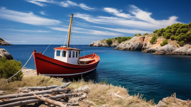 Romantische mediterrane Landschaft, kleines Fischerboot im türkisfarbenen Wasser