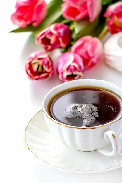 Romantische morgendliche Tasse Tee Blumenstrauß rosa Tulpe Selektiver Fokus