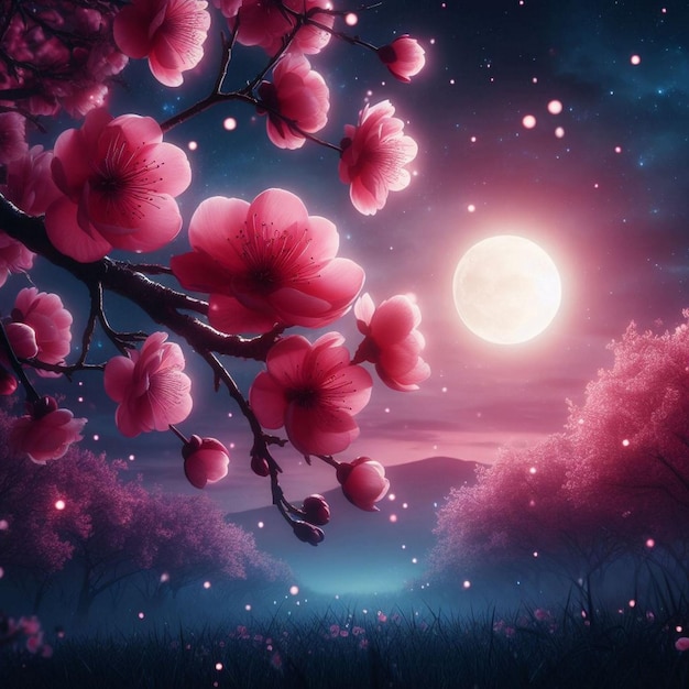 Foto romantische nachtszene schöne rosa blüten blühen am nachthimmel mit vollmond
