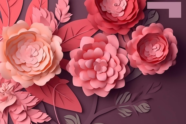 Romantische Papierblumen und goldener Perlenhintergrund in 3D-Illustration erzeugen KI