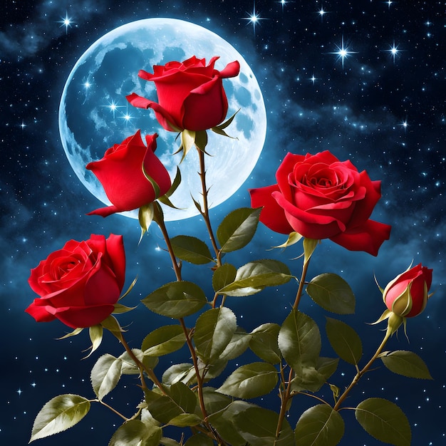 romantische realistische rote Rosen im Vollmond