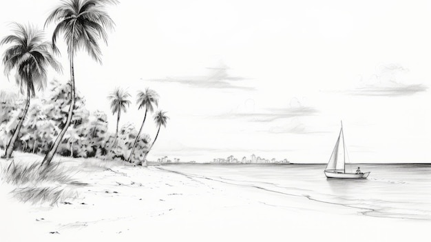 Romantische Schwarz-Weiß-Strand-Segelboot-Zeichnung mit Palmen