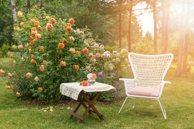 Romantische Sitzecke im Rosengarten Holztisch und Stühle neben den großen blühenden Sträuchern englischer Rosen