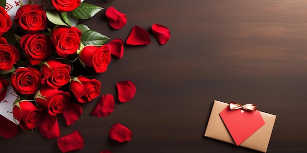 Romantische Valentinstag-Flat-Lay mit roten Rosen und Pralinen