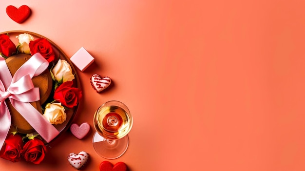 Romantische Valentinstag-Komposition mit Schokolade, Rosen, Wein und Geschenk