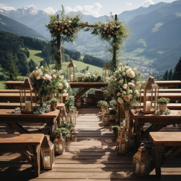 Romantische Zeremonie im Freien mit Bergen im Hintergrund