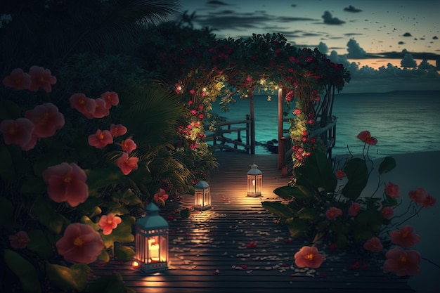 Romantischer Abend in der Gartenlaube am Meer Abendsonnenuntergang Laternen Blumen und Kerzen Romantischer Urlaub am Meer Nachtseelandschaft Erholung AI