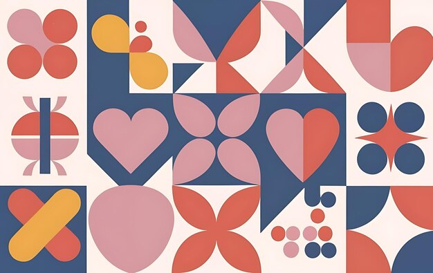 Romantischer abstrakter geometrischer Hintergrund mit Herzen, Kreisen, Rechtecken und Quadraten in Retro