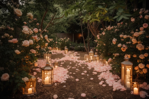 Romantischer Garten mit Laternen, Kerzen und Rosenblättern auf dem Boden