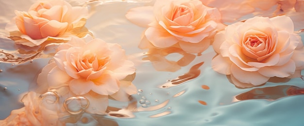 Romantischer kreativer Hintergrund mit rosa Blumen, die im Wasser schwimmen, Spa-Schönheit und kosmetisches Konzept