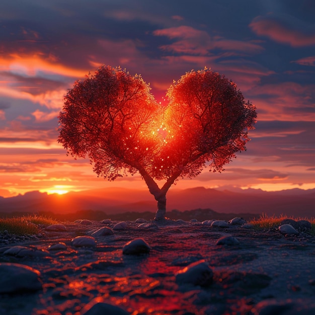 Romantischer Sonnenuntergang Roter herzförmiger Baum zeichnet sich im Abendglanz aus Für soziale Medien Postgröße