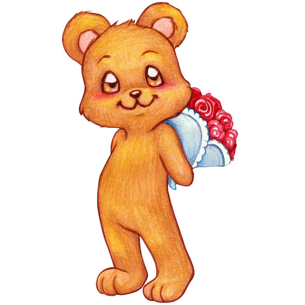 Romantischer Teddybär des Aquarells, der einen Rosenblumenstrauß hält