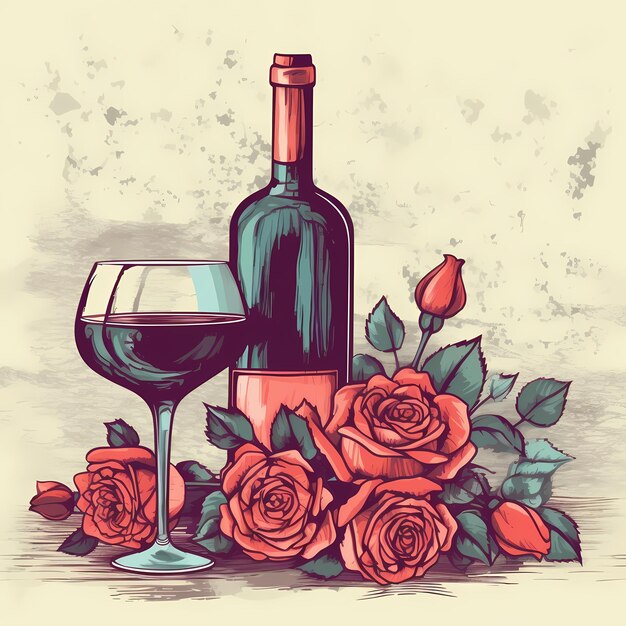 Romantischer Wein mit roten Rosen auf pastellrosa Hintergrund, romantisches Design zum Valentinstag