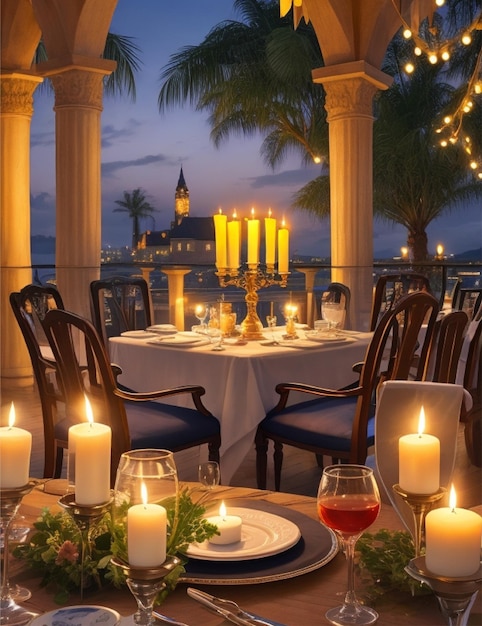 romantisches Abendessen bei Kerzenlicht mit Nachthimmel-Scea