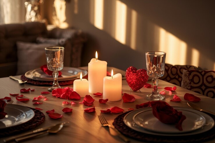Romantisches Abendessen bei Kerzenlicht mit Rosen und Blütenblättern