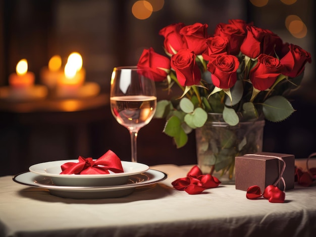 Romantisches Abendessen bei Kerzenlicht, rote Rosenblumen, Gläser, Geschenkkiste mit roter Schleife, Kopierplatz auf der linken Seite