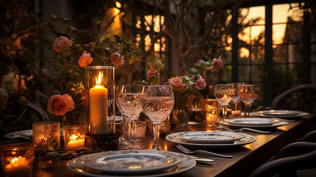 Romantisches Abendessen bei Kerzenschein mit wunderschön gedecktem Tisch