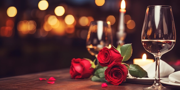 Romantisches Abendessen. Blumenstrauß auf dem Tisch, zwei Gläser Rotwein und Kerzen auf einem Holztisch