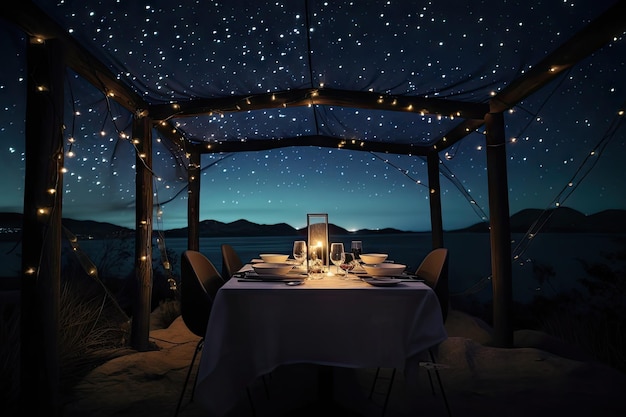 Foto romantisches abendessen für zwei mit kerzenlicht und sternenhimmel, erstellt mit generativer ki