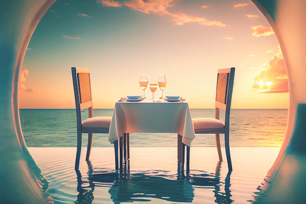 Romantisches Abendessen im Freien mit Infinity-Pool und Blick auf das Meer bei Sonnenuntergang für die Flitterwochen