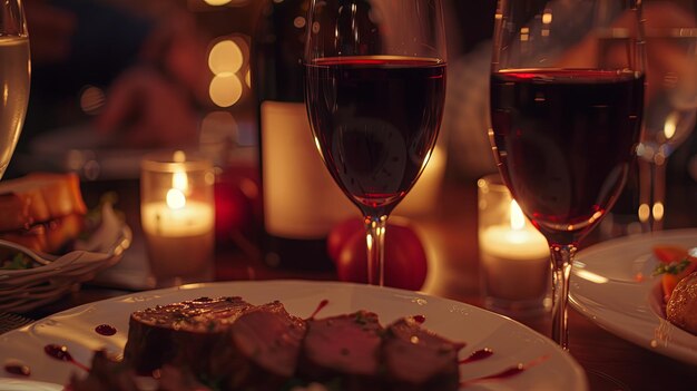 Romantisches Abendessen mit einem Glas Wein und einem Fleischgericht Hintergrundkonzept