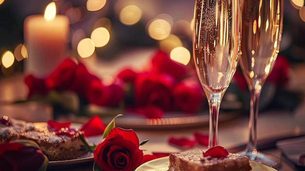 Romantisches Abendessen mit einem Glas Wein und einem süßen Kuchen. Hintergrundkonzept