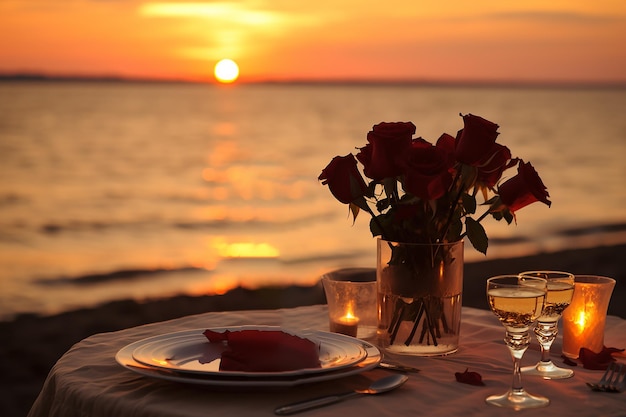 romantisches Abendessen mit Kerzen und Champagner am Valentinstag