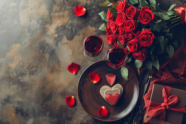 Romantisches Abendessen mit Wein und roten Rosen