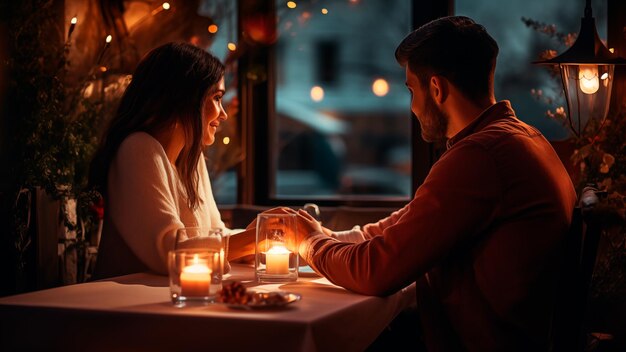 Foto romantisches abendessen valentinstag seitenansicht porträt eines lachenden, glücklichen paares, das sich an einem feiertag erfreut