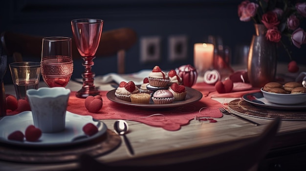 Romantisches Abendessen zum Valentinstag mit Cupcakes und Bonbons