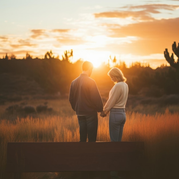 Romantisches Bild von einem Mann und einer Frau auf einem Feld mit Sonnenaufgang im Hintergrund