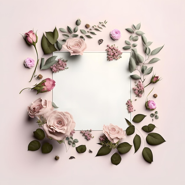 Romantisches Flatlay mit Rosenblüten rosa Farbe Quadratischer Rahmen aus Rosenblüten weißes leeres Blatt Papier in der Mitte für Text Heller Hintergrund 3D-Darstellung