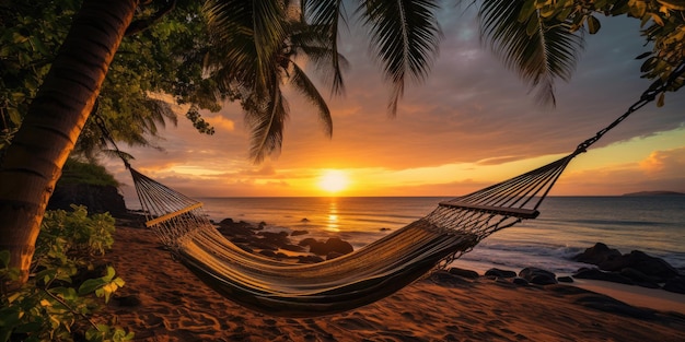 Romantisches Foto einer Hängematte vor dem Hintergrund eines Sonnenuntergangs auf dem Ozean Generative KI