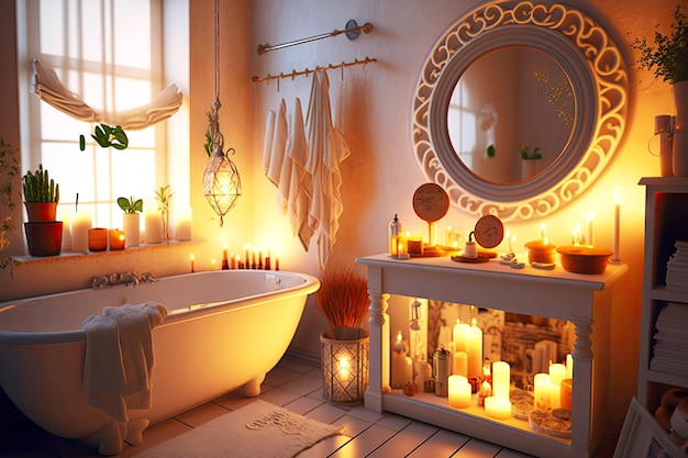 Romantisches, helles Badezimmer mit Kerzen und Lupe im Raum, der mit generativer KI erstellt wurde