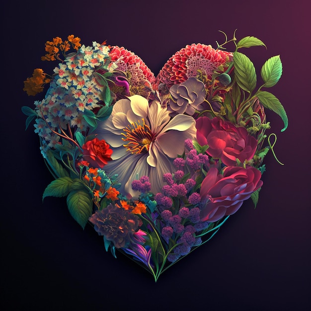 Romantisches Herz mit Blumen und Blumen Vintage Liebesillustration auf dunklem Hintergrund