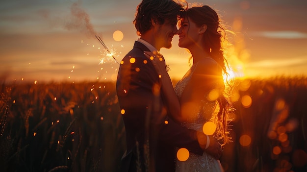 Romantisches Hochzeitsfoto bei Sonnenuntergang mit Braut und Bräutigam mit Funkeln in einem Weizenfeld