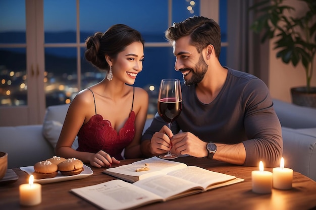 Romantisches Liebespaar-Abendessen zu Hause für eine besondere Valentinstagsfeier, köstliches Essen am Tisch