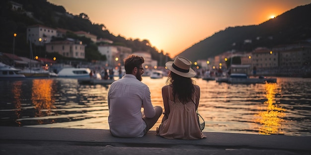 Romantisches Paar bei Sonnenuntergang, das sich auf der Promenade entspannt und abends das wunderschöne Mittelmeer beobachtet
