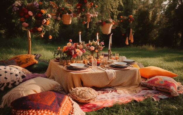 Foto romantisches picknick im wald im boho-stil