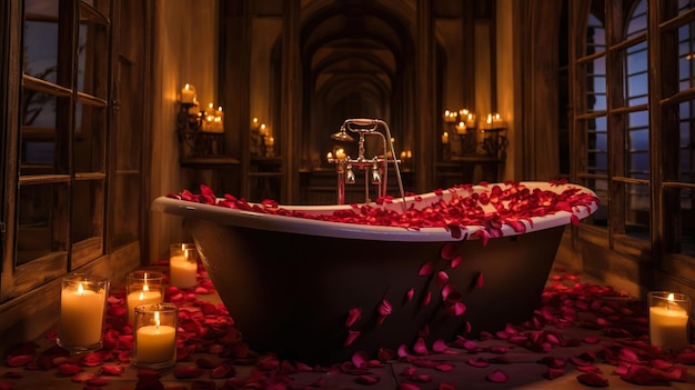 Foto romantisches rosenblattbad bei kerzenlicht